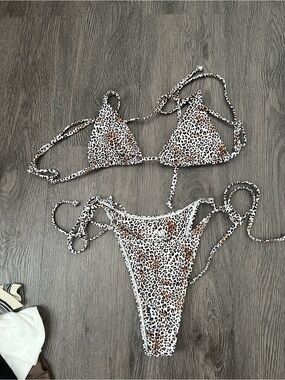 Leopard Print Tie-Side Bandeau Bikini Top and Bottom - Brown/White